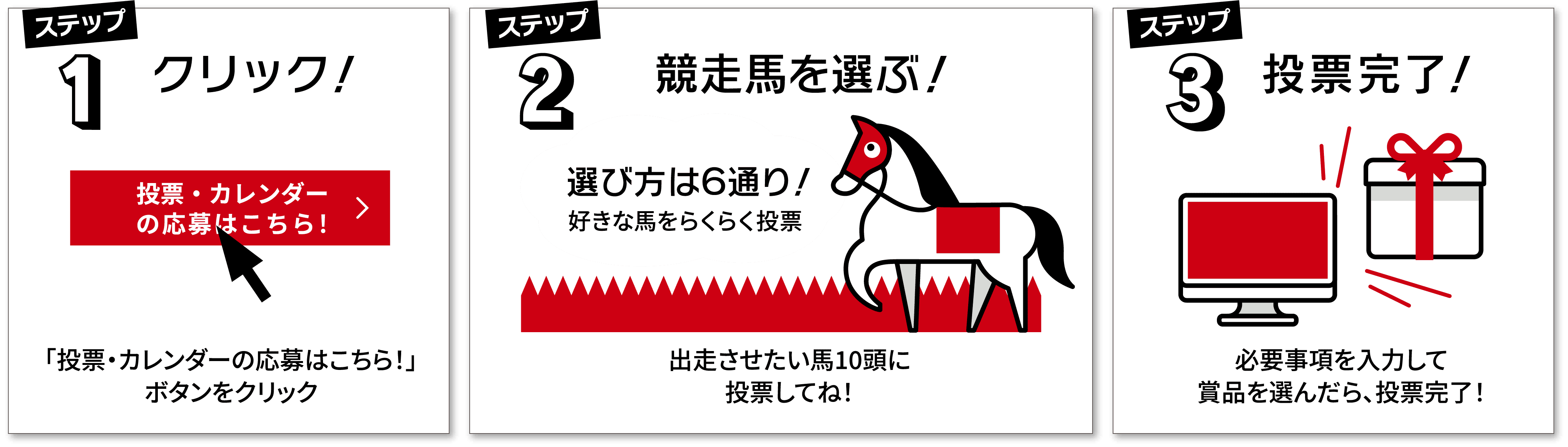 STEP1クリック！STEP2競走馬を選ぶ！STEP3投票完了！